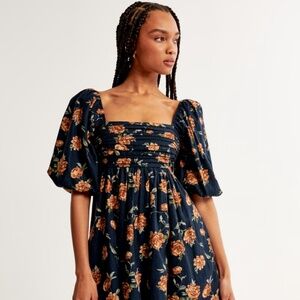 A&F Emerson Navy Floral Linen-Blend Puff Sleeve Mini Dress XS